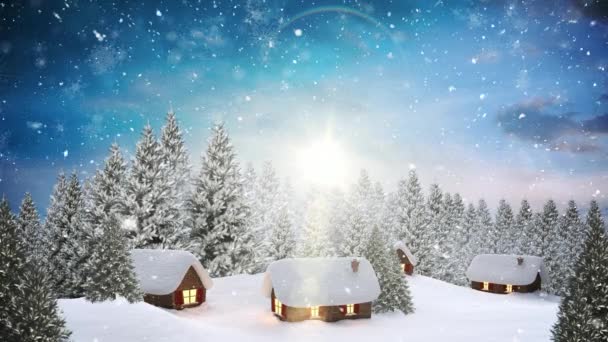 Видеокомпозиция Снегом Над Зимними Пейзажами Домами Ночью — стоковое видео