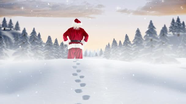 Digitální Složený Santa Clause Putování Snowscape Kombinaci Padající Sníh — Stock video