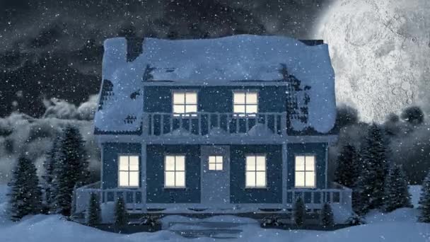 录影构成与雪在晚上冬天风景与房子 — 图库视频影像