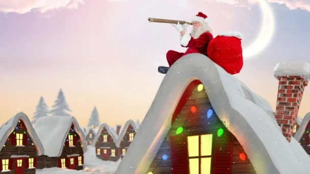 雪が降っていると組み合わせて装飾された家の屋根の上のサンタ クロースのデジタル合成 — ストック動画