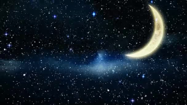 Composito Digitale Neve Caduta Notte Natale Cielo Stellato Luna Crescente — Video Stock