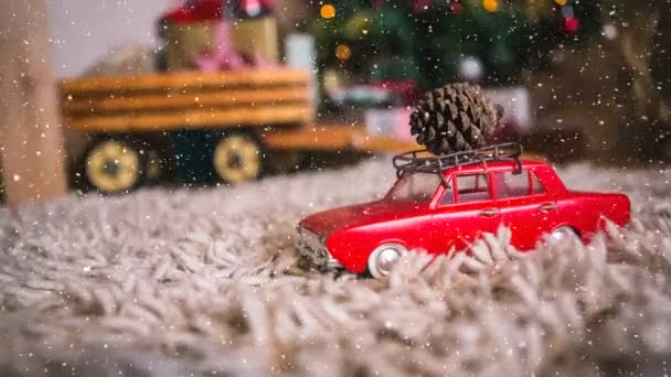 Compuesto Digital Nieve Que Cae Con Decoración Del Coche Navidad — Vídeo de stock