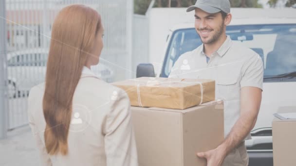 Composto Digital Entrega Homem Combinado Com Animação Pessoas Conectadas — Vídeo de Stock