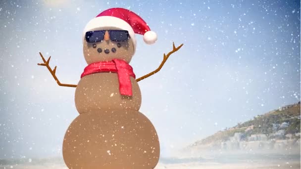 录影构成与雪在沙人与圣诞老人的帽子在海滩上 — 图库视频影像