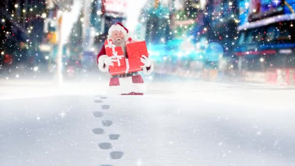 Цифровой Композитный Санта Клаус Блуждает Большому Снегу Сочетании Падающим Снегом — стоковое видео