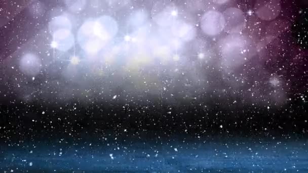 Digital Composite Falling Snow Bokeh Light Christmas Circles Wood — Stock Video