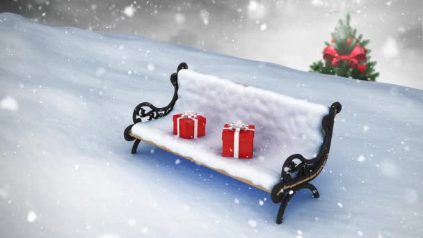 Digital Composite Gifts Bench Winter Scenery Falling Snow — Stock Video