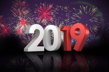 Futbol stadyumu üzerinde patlayan havai fişek karşı kırmızı ve gri renkte üç boyutlu sayıların dijital görüntü