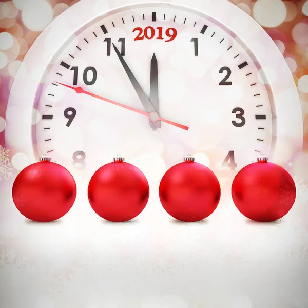 Bola Roja Decoración Navidad Contra Brillante Fondo Navidad Reloj —  Fotos de Stock