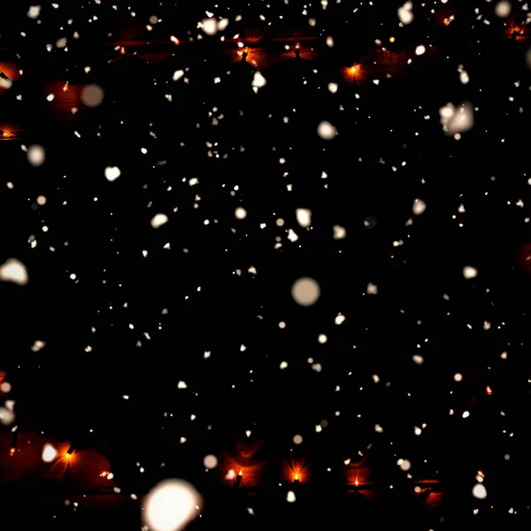 Sneeuw Vallen Tegen Kopie Ruimte Met Kerstmis Gele Elektrische Garland — Stockfoto