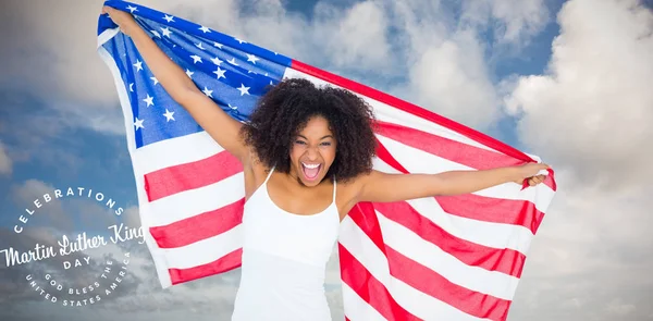 Linda Chica Animadora Parte Superior Blanca Con Bandera Americana Contra — Foto de Stock