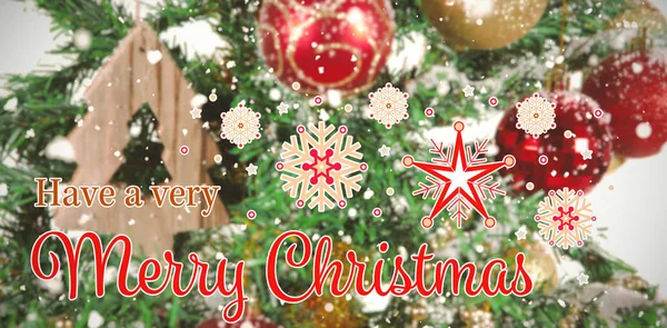 Weihnachtskarte Gegen Großaufnahme Von Weihnachtsschmuck Baum — Stockfoto