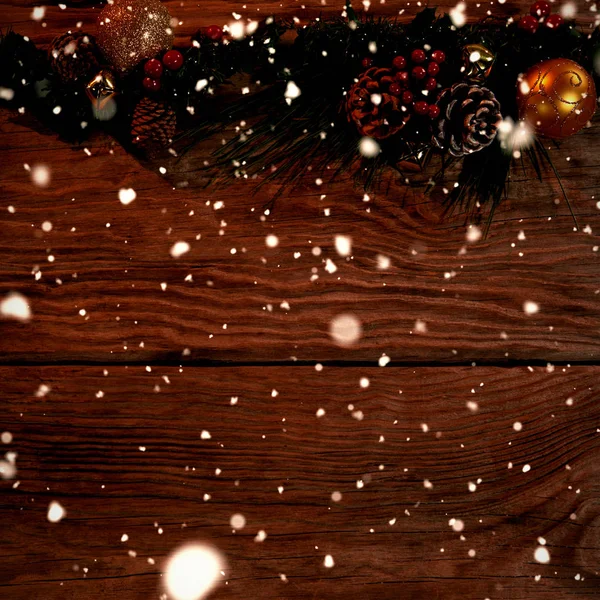 Snow Falling Copy Space Rustic Christmas Decorations — Stock Photo, Image