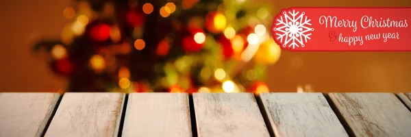 Banner Feliz Navidad Contra Mesa Madera Árbol Navidad Borrosa —  Fotos de Stock