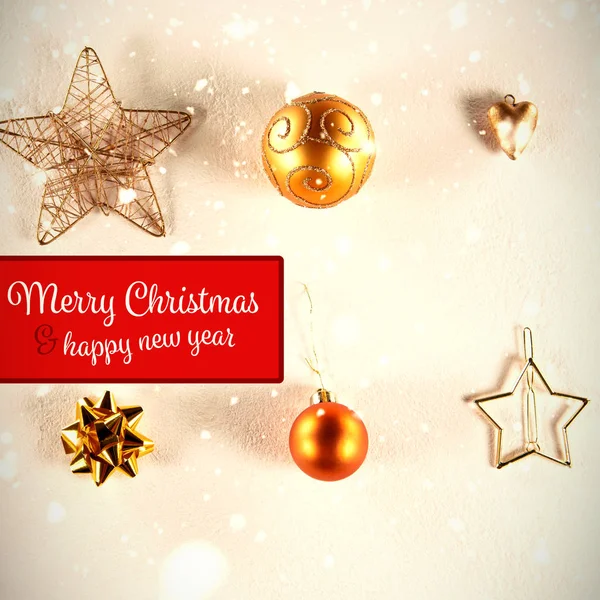 Banner Merry Christmas Yellow Golden Christmas Ornaments — Stock Photo, Image