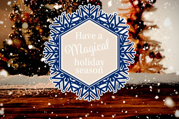 Snowflake Have Magical Holiday Season Wooden Table Snow Christmas Tree — Stock Photo, Image