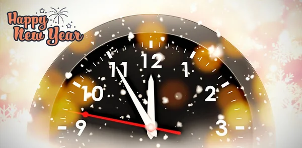 Happy New Year Clock Falling Snow — Stock Photo, Image