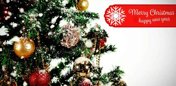 Banner Feliz Navidad Contra Decoraciones Navideñas Colgadas Abeto — Foto de Stock