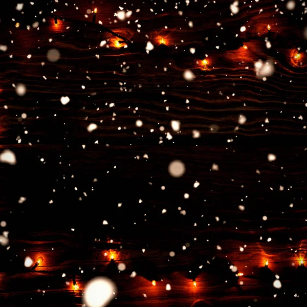 Nieve Cayendo Contra Espacio Copia Con Guirnalda Eléctrica Amarilla Navidad —  Fotos de Stock