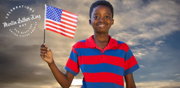 Little Boy Waving American Flag Cloudy Sky Landscape Stock Picture