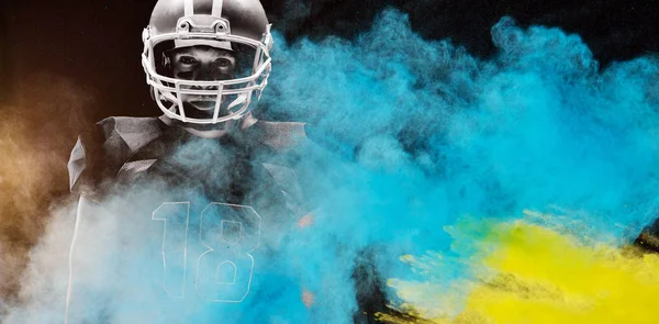 Splashing Color Powder American Football Player Standing Rugby Helmet — Stock Photo, Image