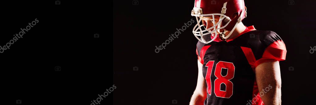 Thoughtful American Football Player Helmet Standing Black Background Stock Picture