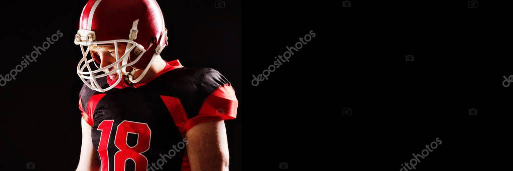 Thoughtful American Football Player Helmet Standing Black Background Royalty Free Stock Photos