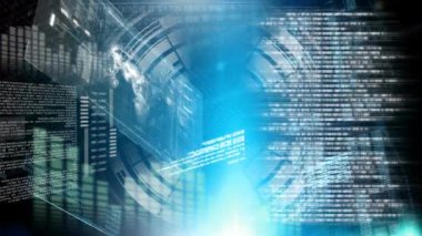 Dijital animasyon arabirimi ekran ve dünya. Arka planda kodlama