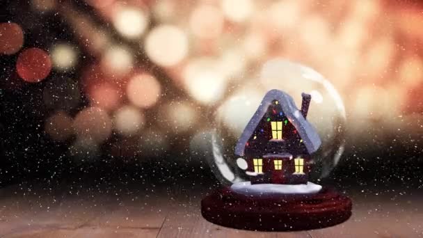 Cute Christmas Animation Hut Snow Globe Snow Falling Bokeh Background — Stock Video