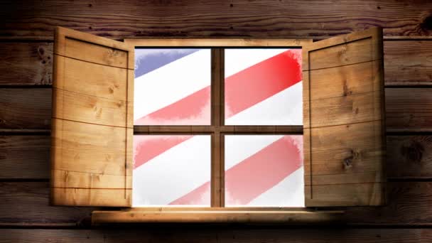 Digital Animation Exterior Wooden Hut Open Widow Swaying American Flag — Stock Video