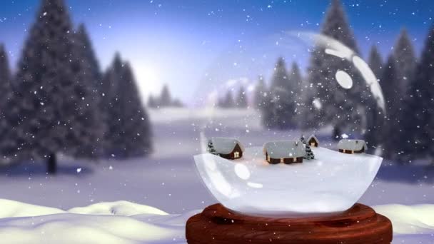 魔法の森で雪の世界の小屋のかわいいクリスマス アニメーション 松の木の上に落ちる雪し 雪景色 — ストック動画