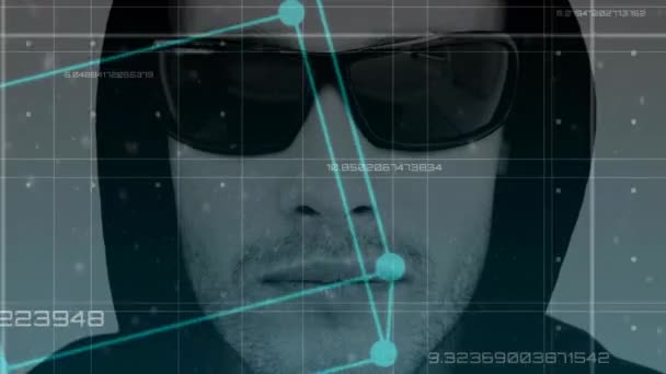 Digitale Animatie Van Hacker Zonnebril Verplaatsen Van Aansluitende Lijnen Codes — Stockvideo