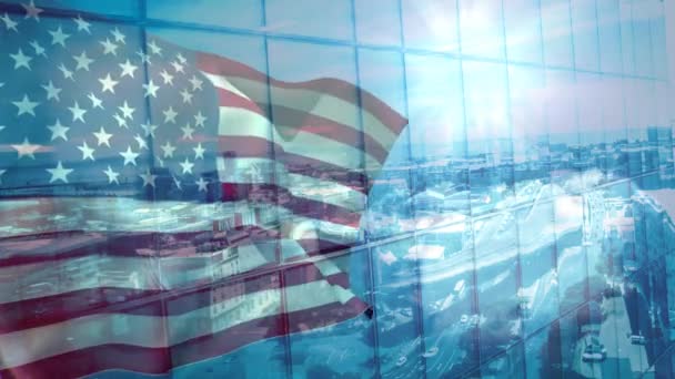 Cyfrowej Animacji Amerykańską Flagę Wietrze Przeciwko Miastu Blask Słońca Tle — Wideo stockowe
