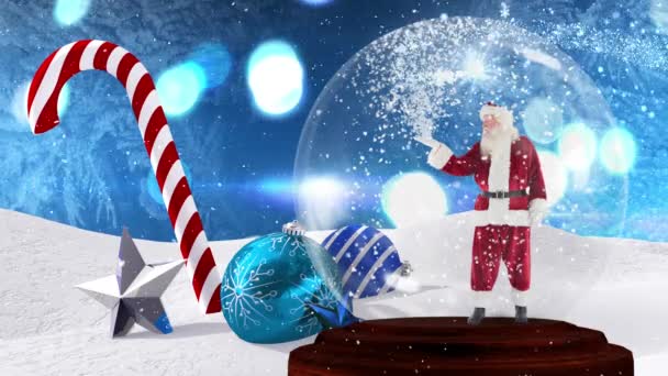 Niedliche Weihnachtsanimation Von Weihnachtsmann Schneekugel Schneeflocke Fällt Vor Bokeh Hintergrund — Stockvideo