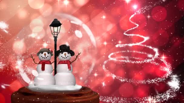 Niedliche Weihnachtsanimation Von Schneemannpaar Schneekugel Schnee Fällt Über Rot Glitzernden — Stockvideo