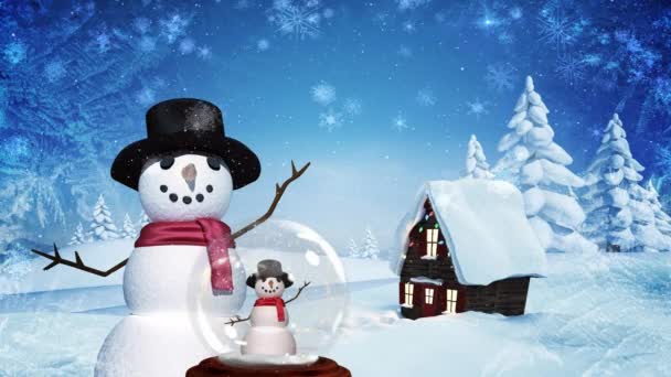 Christmas Animation Hut Snowman Magical Forest Snowflake Background Snow Falling — Stock Video