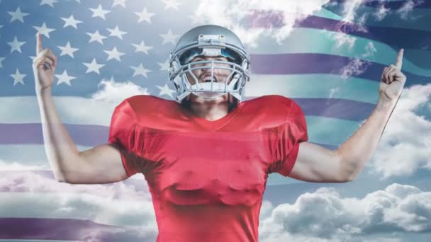 Animação Digital Jogador Rugby Americano Vitorioso Que Alegra Bandeira Americana — Vídeo de Stock