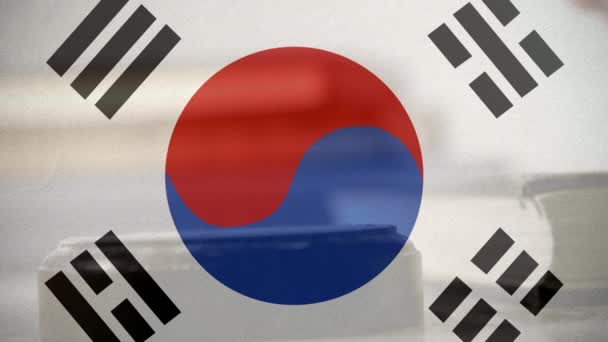 Compuesto Digital Bandera Surcoreana Juez Golpeando Mazo Bloque Sonido — Vídeo de stock