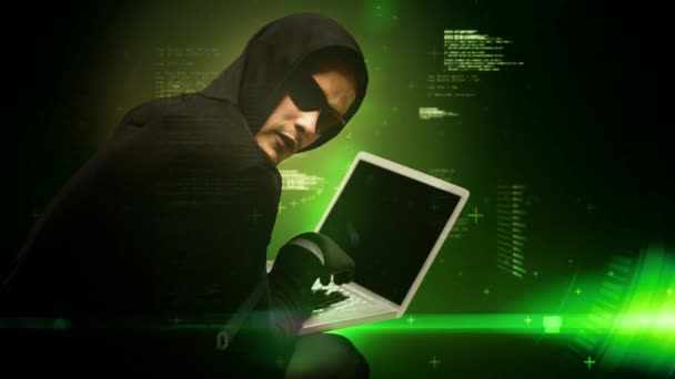 Digital Animering Hooded Hacker Använder Den Bärbara Datorn Digitala Programmeringskod — Stockvideo
