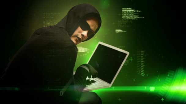 Cyfrowej Animacji Kapturem Hacker Pomocą Laptopa Cyfrowy Kod Programowania Ruchu — Wideo stockowe