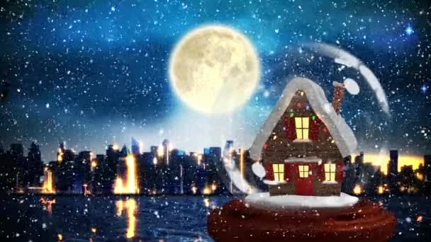 Animation Noël Cabane Illuminée Contre Paysage Urbain Neige Tombant Sur — Video