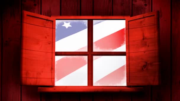 Animación Digital Del Exterior Una Cabaña Madera Roja Viuda Abierta — Vídeo de stock