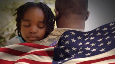 Dijital animasyon Amerikan askerinin kızı eve döndükten sonra kucaklayan. 4k ön planda Amerikan bayrağı
