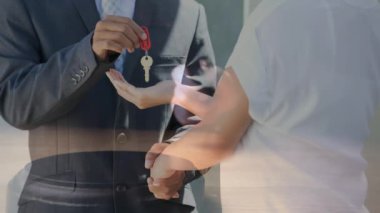 Emlakçı anahtar müşteriye veren dijital animasyon. Sondaj blokta hakimler beceriyor tokmak