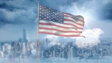 Amerikan bayrağı şehrin karşı rüzgarda sallanan dijital animasyon. Gökdelen şehir 