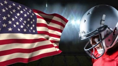Amerikan bayrağı ters duran rugby oyuncusu dijital animasyon. arka planda stadyumda parlak ışıklar 