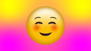 Yüzü kızaran ve emoji mor ve sarı arka plan için sosyal medya büyük üzerinde gülümseyen