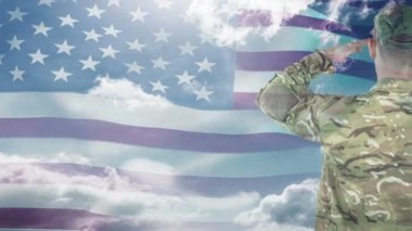 Amerikan askerinin karşı Amerikan bayrağını selamlayan dijital animasyon. Gökyüzü ve bulut karşı Amerikan bayrak sallanan 