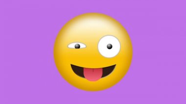 Emoji mor arka plan üzerinde büyük sosyal medya için yapışkanlık dışarı dil ile göz kırpıyor
