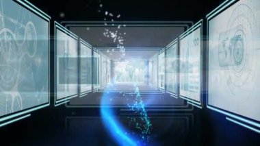 Teknoloji hall ekranı ile mavi ışık hareket yanıp sönen dijital animasyon. İş grafik görüntülenip görüntülenmeyeceği